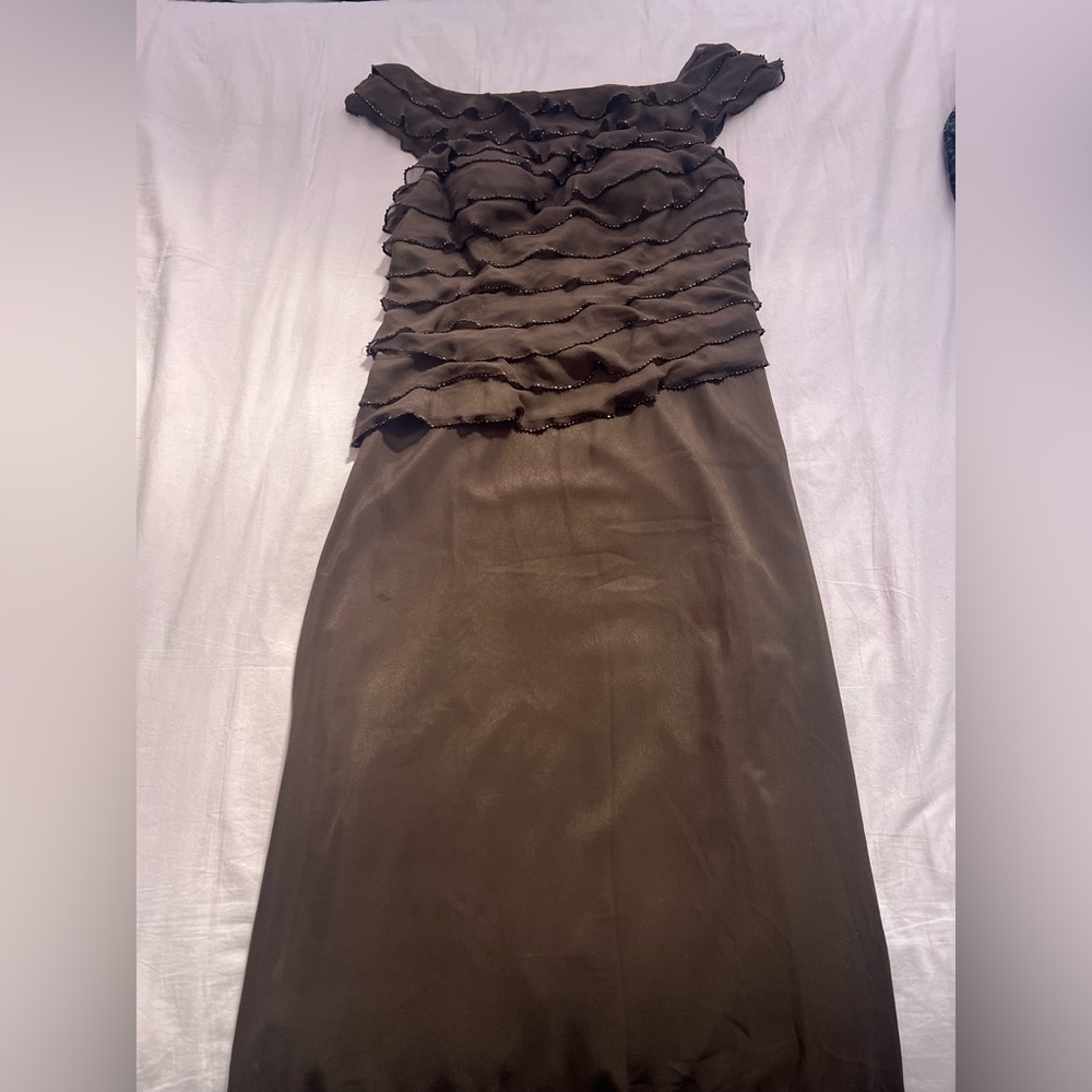 Cachet Chocolate Silk Beaded Ruffle Dress